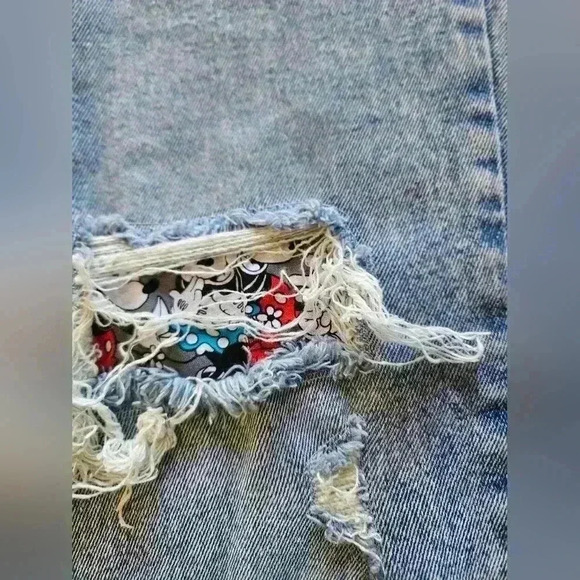 BlankNYC Light-Wash Distressed Jeans with Mickey Mouse Patches on Knees, Size 28 - Picture 4 of 7